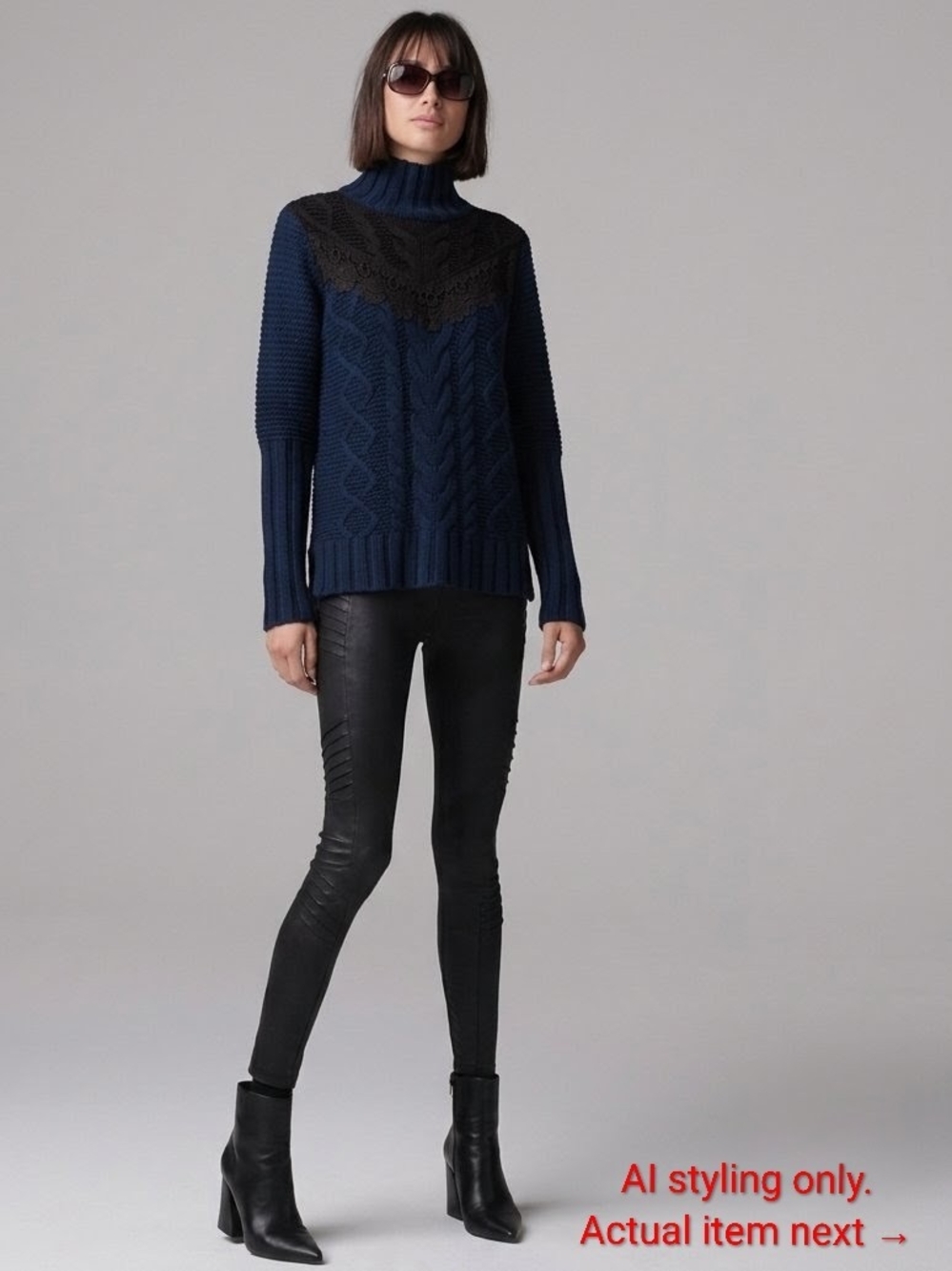 Navy Sparkle Cable-Knit Turtleneck Sweater with Black Lace Yoke
